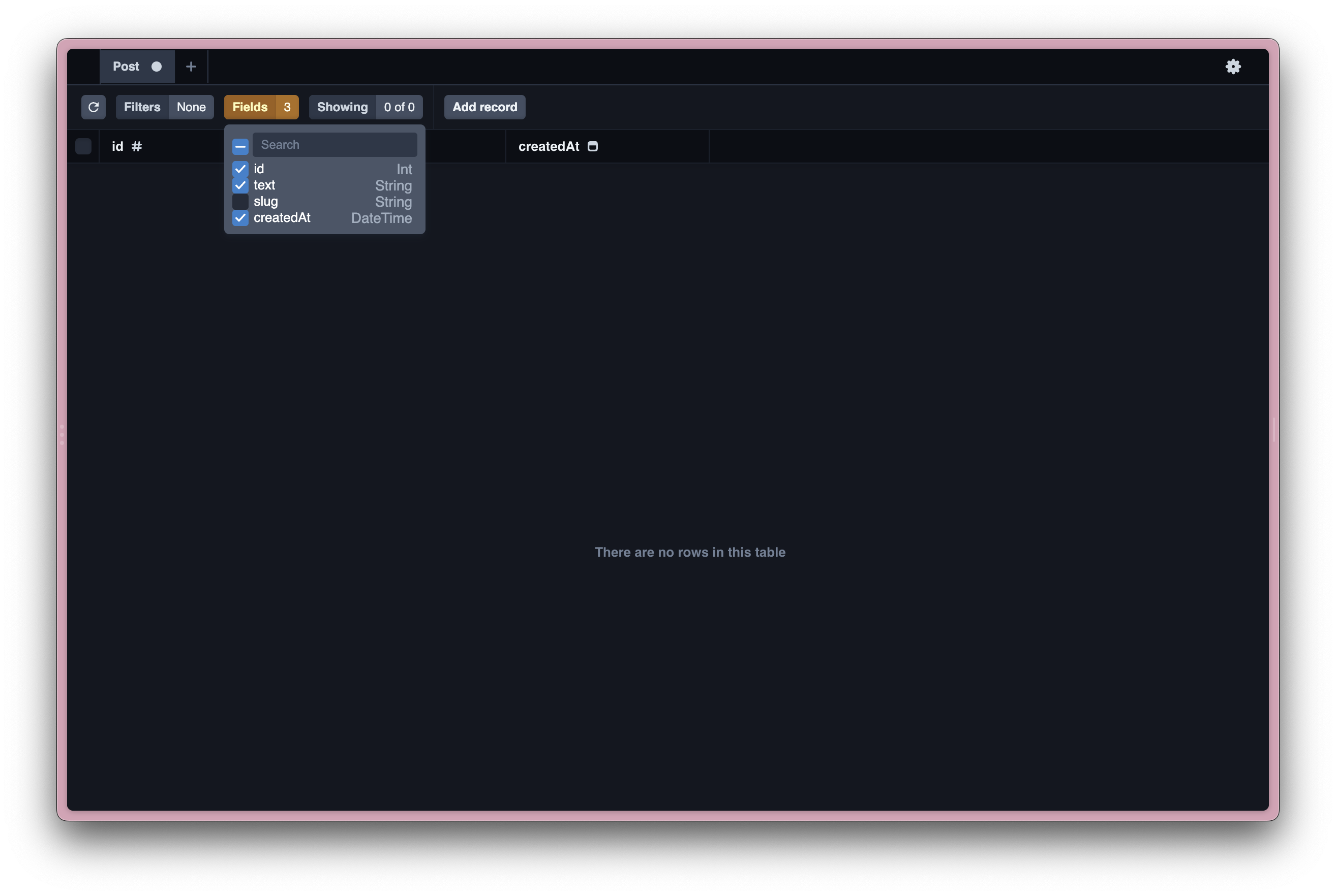 Selecting fields in Prisma Studio